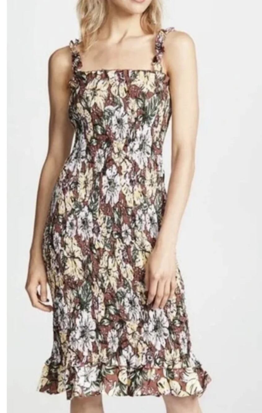 Faithful the Brand brown linen floral smocked ruffle dress Size 4 Boho Feminine